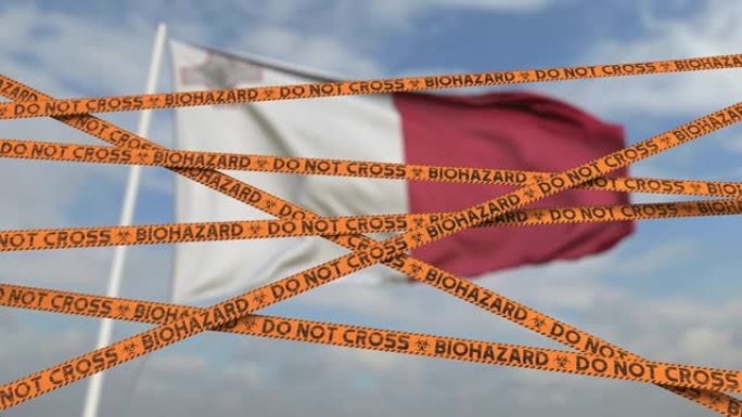 马耳他国旗上的生物危害限制胶带线。马耳他限制过境或检疫。概念循环3D动画