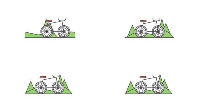 大自然背景下的自行车动画。旅行、露营、徒步旅行、骑自行车的概念