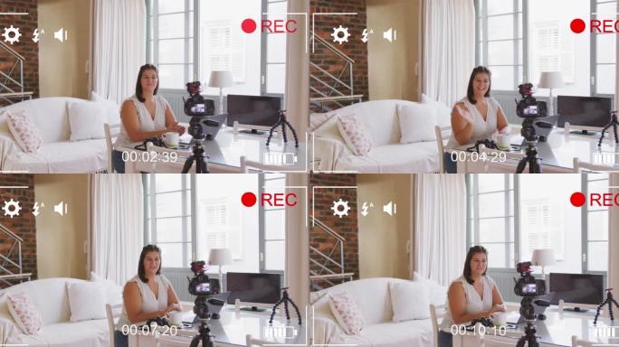 带数字接口的摄像机屏幕动画在家里录制vlog的女性视频记录器上