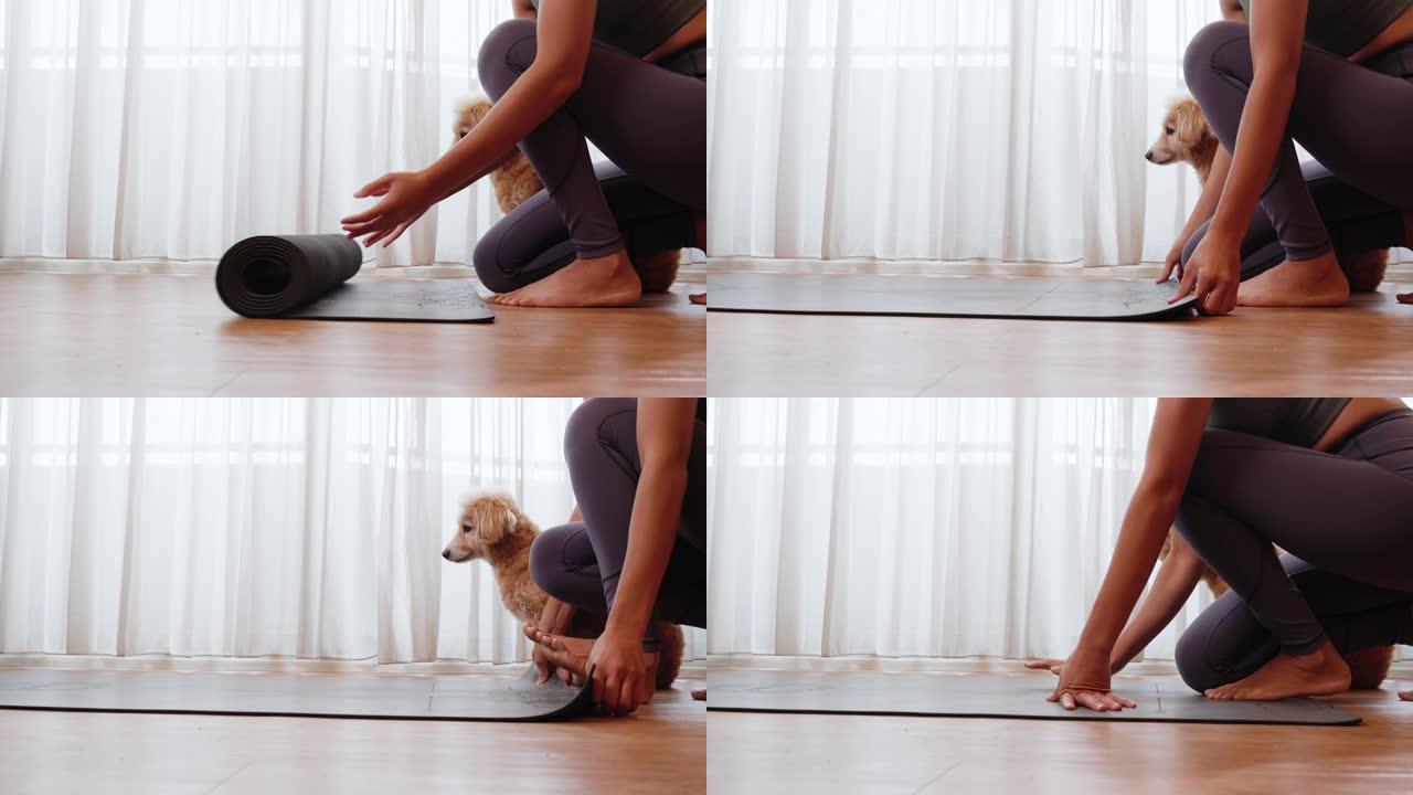 年轻的亚洲妇女展开卷黑色瑜伽垫，在家和她的狗玩瑜伽，检疫自己从新型冠状病毒肺炎