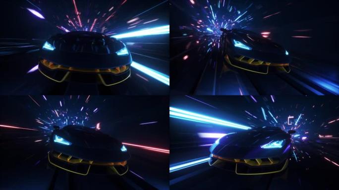 4k循环速度赛车假3D视频游戏车在前面。霓虹隧道