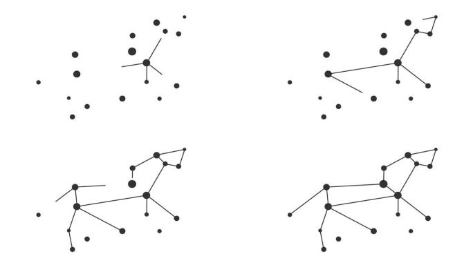 狮子座。夜空中的星星。黑白线条艺术风格的星座。星系团。横向构图，4k视频质量
