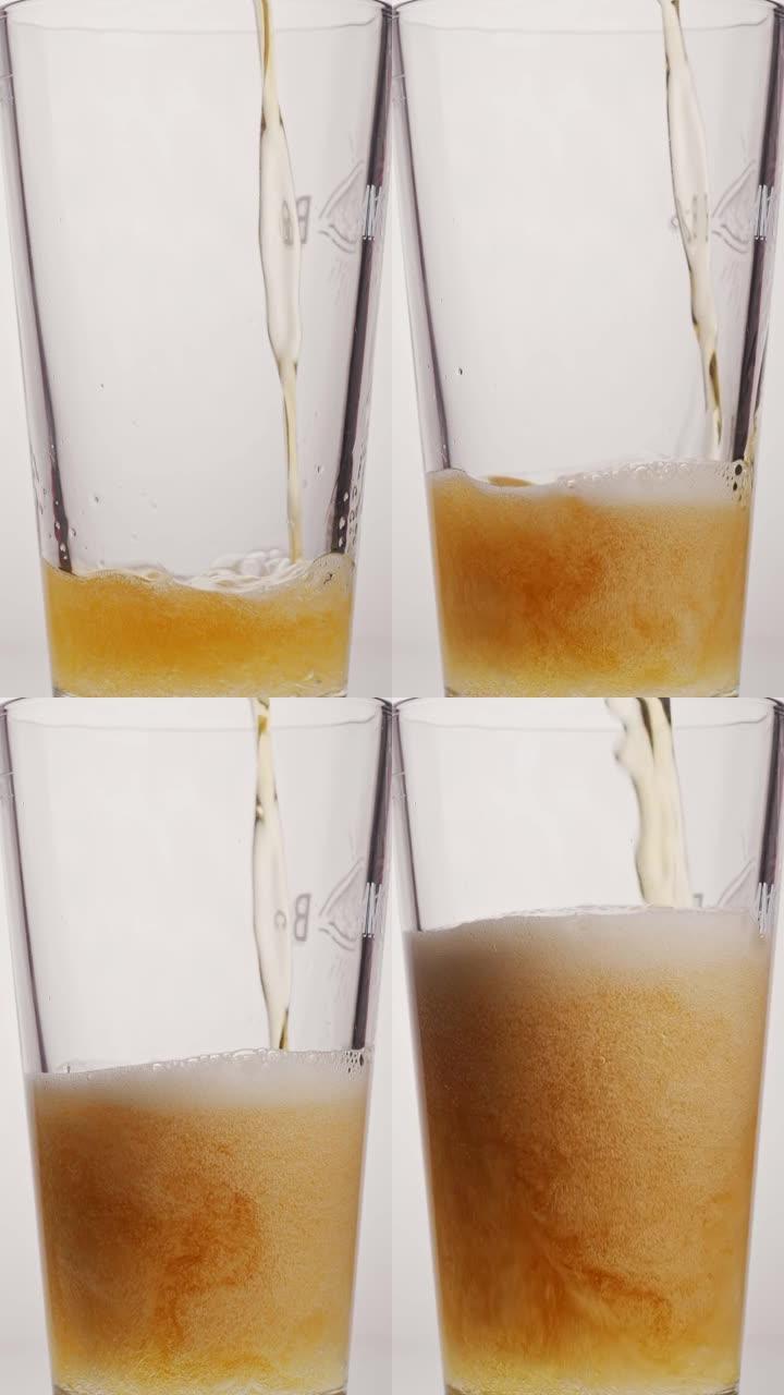 将金色啤酒倒入白色背景上的玻璃杯中的慢动作镜头。将啤酒倒入玻璃杯中。一品脱啤酒