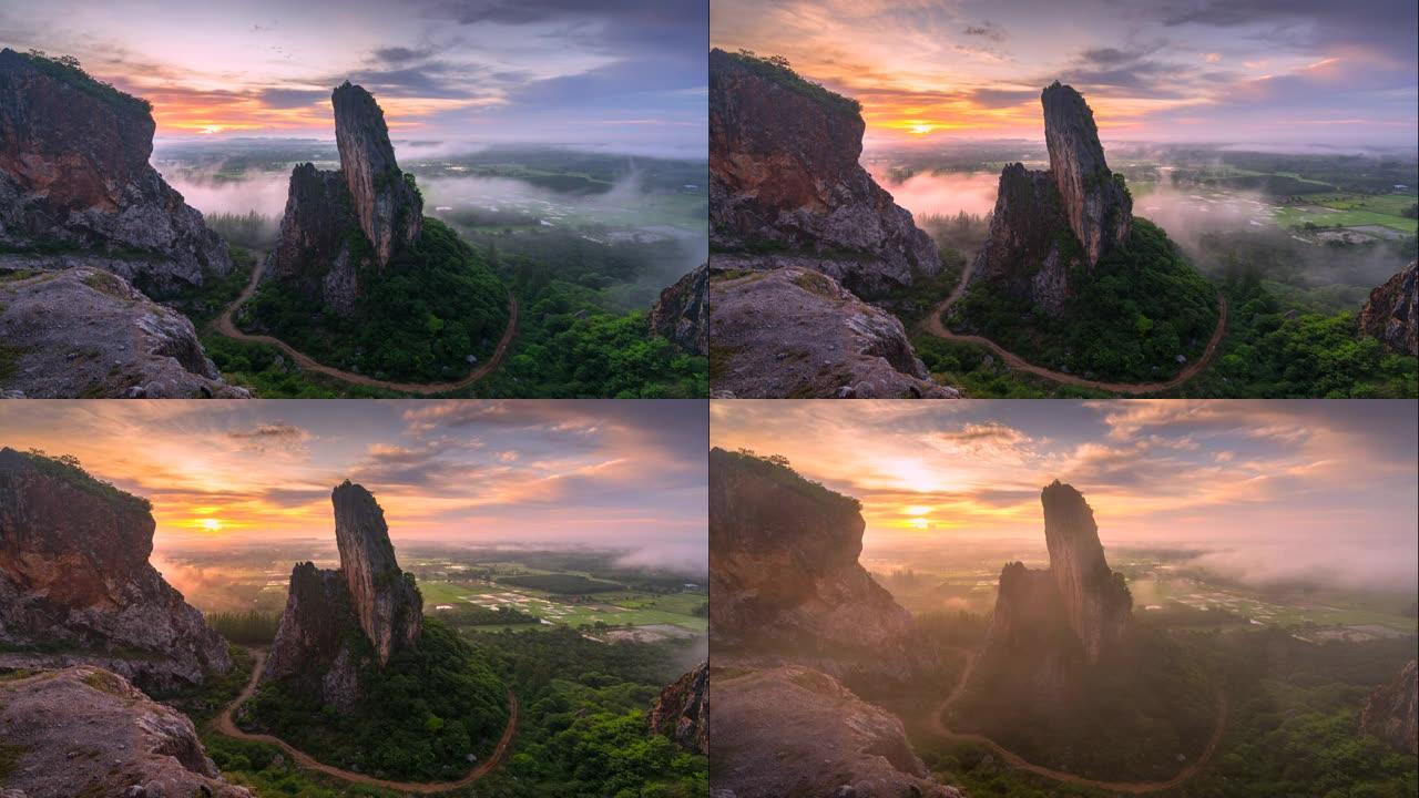 宋卡府考库哈的延时日出场景。有绿色林木的山。泰国的自然景观背景