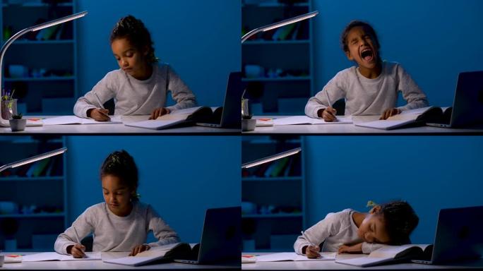 一个女孩重写作业，大打哈欠，把头靠在手上，睡着了。孩子在夜灯的灯光下坐在桌子旁。特写。慢动作就绪59