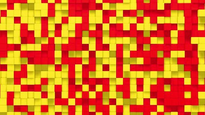 橙红色小盒立方体随机几何背景。抽象方形像素马赛克插图。地块背景。幻想分形设计。数字艺术。4k的3d动