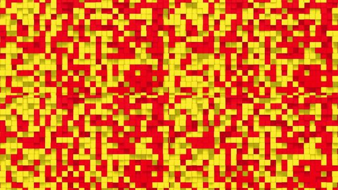 橙红色小盒立方体随机几何背景。抽象方形像素马赛克插图。地块背景。幻想分形设计。数字艺术。4k的3d动