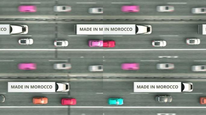 摩洛哥制造文字的拖车的空中俯视图沿高速公路行驶。摩洛哥商业相关可循环3D动画