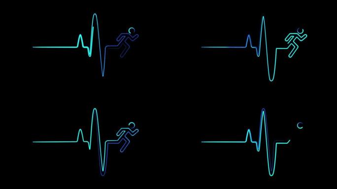 霓虹灯心跳与跑步标志无缝动画。心率医学研究。