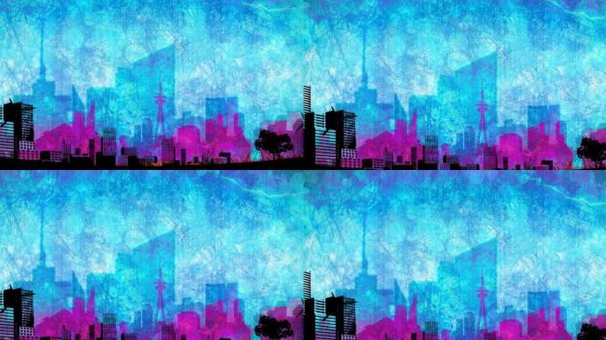 蓝色、粉色、黑色现代建筑城市景观插图