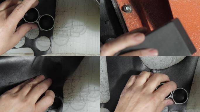 老年裁缝在剩余的织物上切割小皮革元素