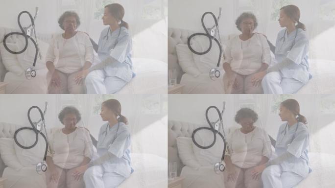 女医生坐在床上的听诊器动画