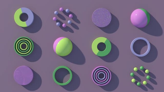 五颜六色的圆形形状。抽象动画，3d渲染。