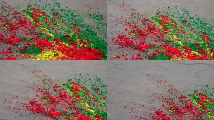 草药染料或古拉尔溅在地板上，以庆祝印度教节日胡里节。洒红节概念的色彩节。