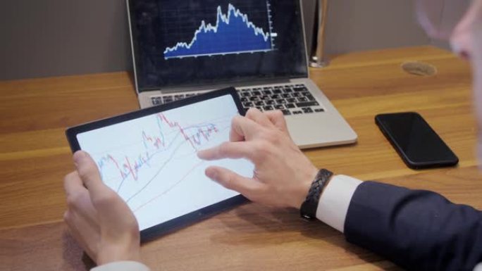 商人使用笔记本电脑分析数据股票市场，外汇交易图表，在线证券交易所交易，金融投资概念。特写