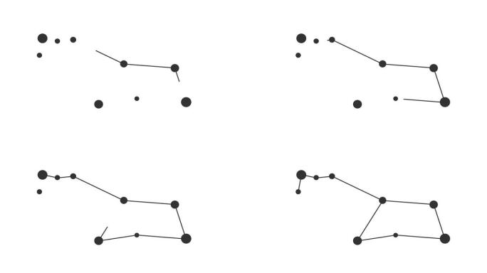 小狗星座。夜空中的星星。黑白线条艺术风格的星座。星系团。横向构图，4k视频质量