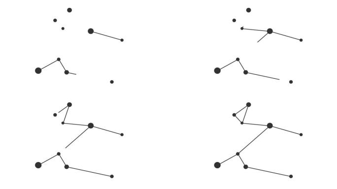 犬座主要星座。夜空中的星星。黑白线条艺术风格的星座。星系团。横向构图，4k视频质量