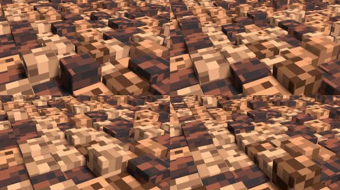 电子游戏等距几何镶嵌波图案。3d抽象立方体。几何镶嵌波图案。用棕色砌块建造丘陵景观。《我的世界》风格