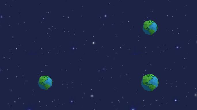 蓝色和绿色行星地球和蓝天上的星星的宇宙动画