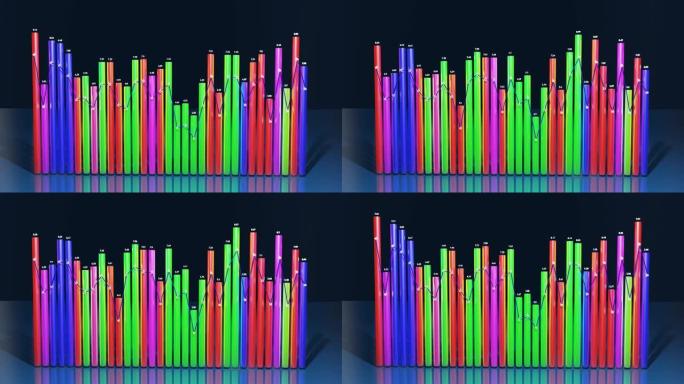 多色条、计数器和图形。具有抽象信息图表，统计数据的分析程序的美丽3d循环背景。3d列在循环中平滑地上