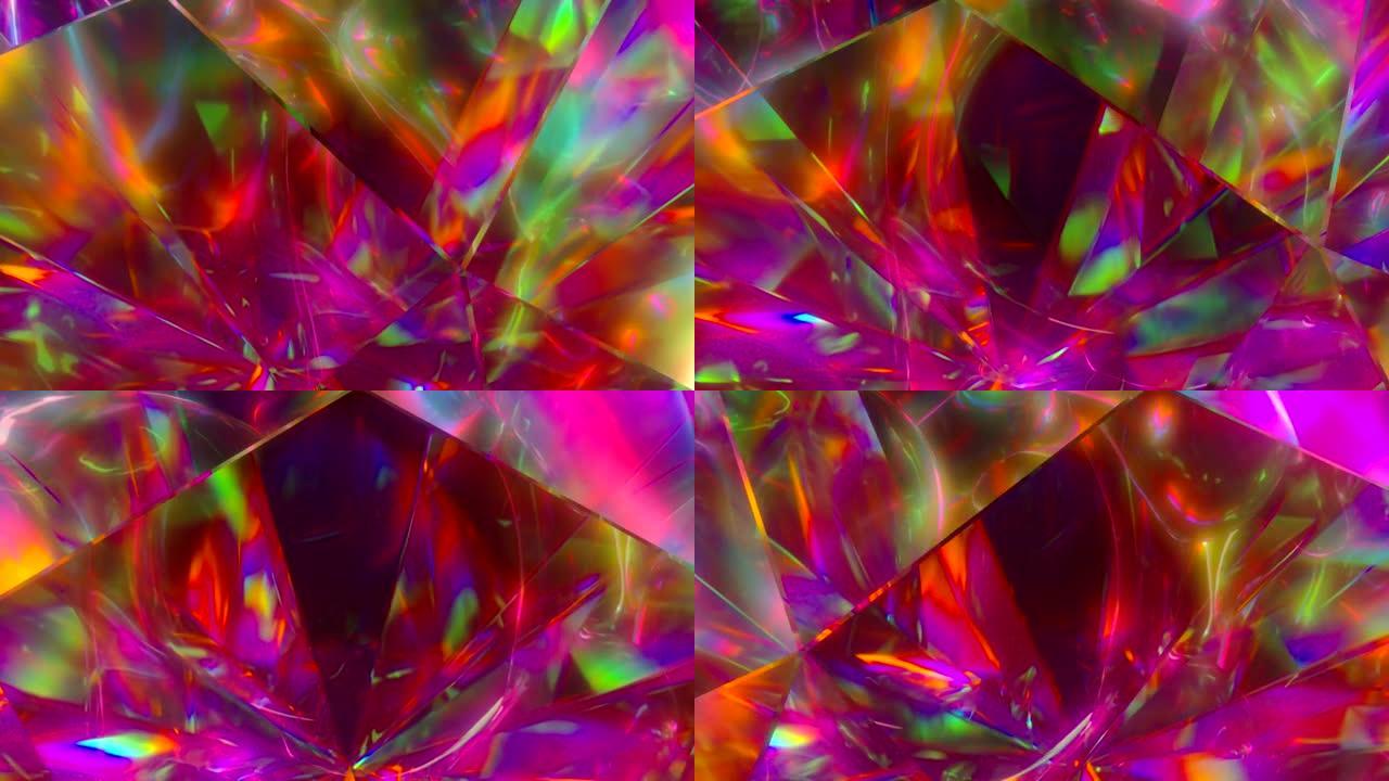 光线穿过缓慢旋转的钻石的刻面，并产生重复的闪闪发光的高光和明亮的彩虹色。光的彩虹色散。无缝循环3d渲