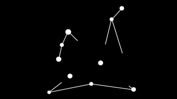 天鹰座。夜空中的星星。黑白线条艺术风格的星座。星系团。横向构图，4k视频质量