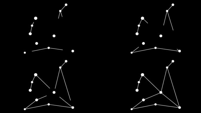 天鹰座。夜空中的星星。黑白线条艺术风格的星座。星系团。横向构图，4k视频质量