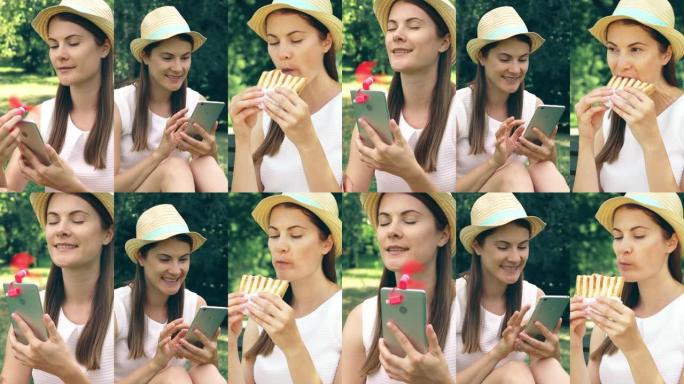 女人在公园吃三明治。女性使用带便携式呼吸机的手机。移动垂直视频