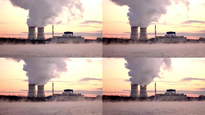 核电站通过管道将化学物质释放到空气中。环境污染、生态、空气排放