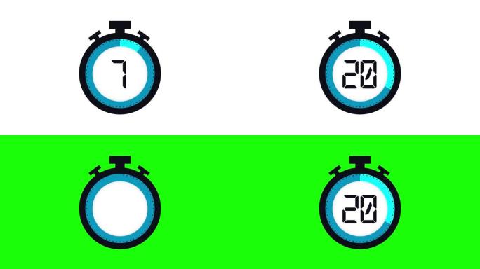 色彩丰富的最小倒计时计时器动画，从20到0秒。现代平面设计，白色背景动画。高质量4k视频