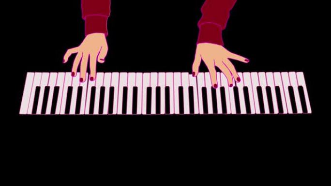 一个弹奏钢琴键盘的女孩的手。动画。
