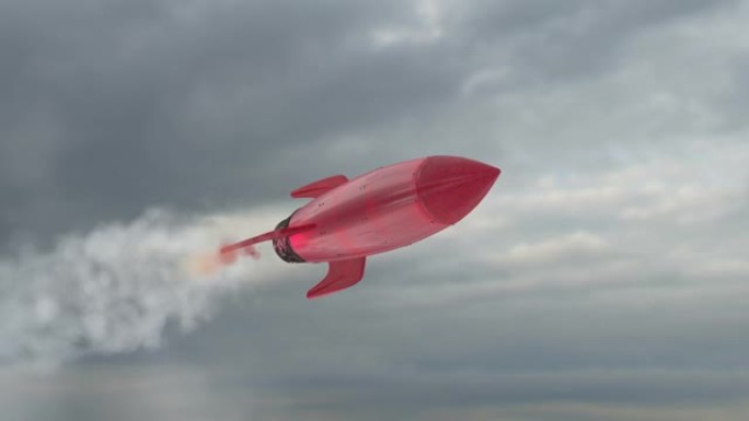 火箭在红色的天空中飞行。俄罗斯的国旗。大规模杀伤性武器。模糊的背景云。核武器，化学武器。战争，火灾，