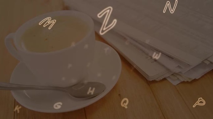 漂浮在一杯咖啡和木制文件上的多个字母的数字组成