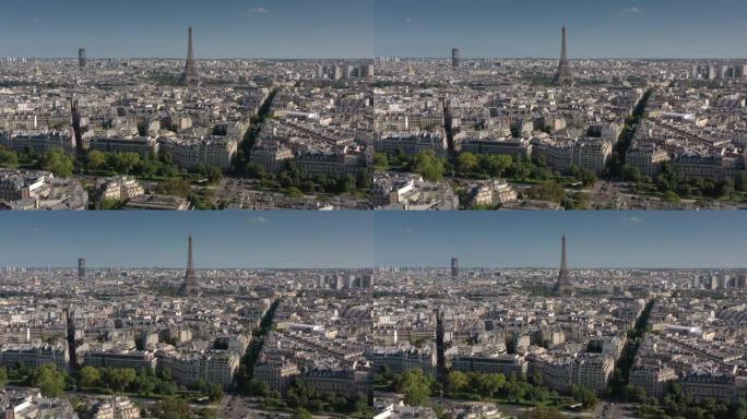 晴天巴黎市中心著名塔区飞越交通街空中全景4k法国
