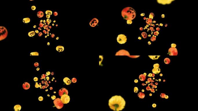 在黑色背景上飞行许多橙色和黄色的南瓜。带着微笑的卡通面孔。节日万圣节的3D动画。循环动画。