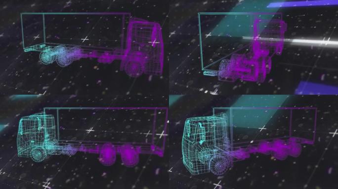 绿色和紫色的3d卡车绘图动画在黑色背景上的标记上旋转