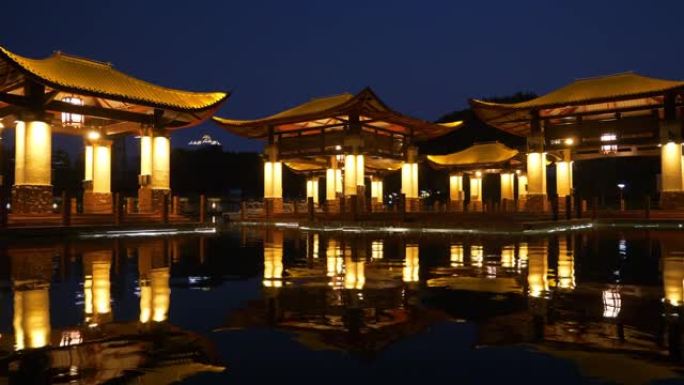 夜间照明佛山市著名河滨公园海湾凉亭全景4k中国