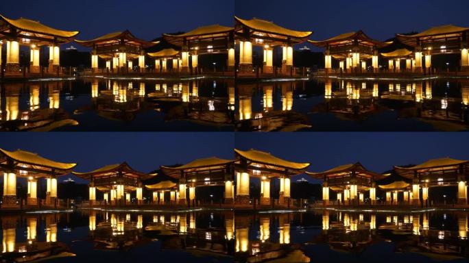 夜间照明佛山市著名河滨公园海湾凉亭全景4k中国