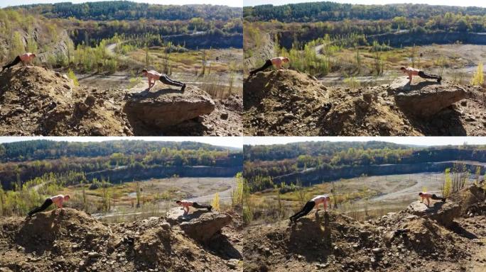 运动员做俯卧撑。年轻运动员在户外俯卧撑的鸟瞰图