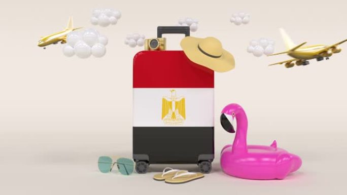 带埃及国旗手提箱的3D循环假日概念