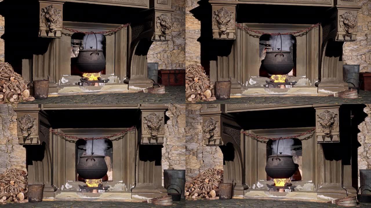 一个挂在中世纪城堡壁炉生锈的链条上的大烹饪锅