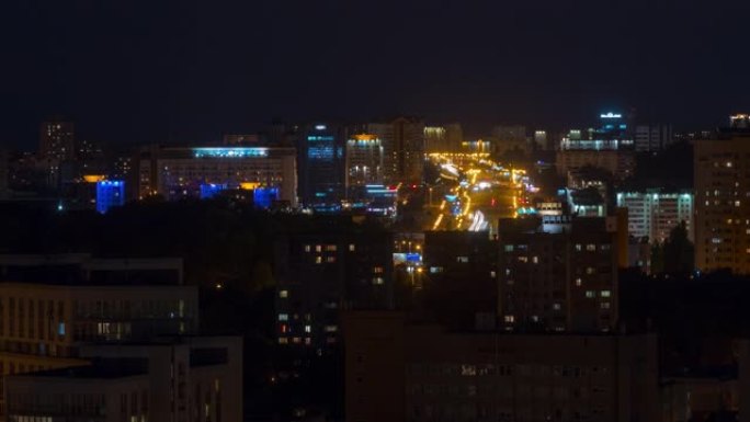 夜间照明明斯克市中心交通大道屋顶全景4k延时白俄罗斯