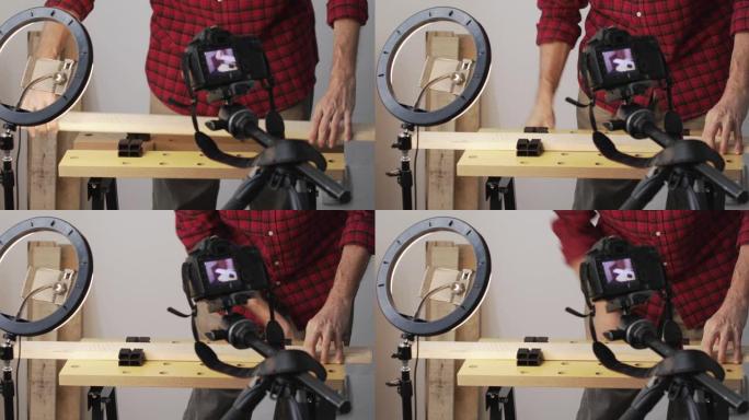 DIY木工vlogging-将木板固定在虎钳手柄上，特写