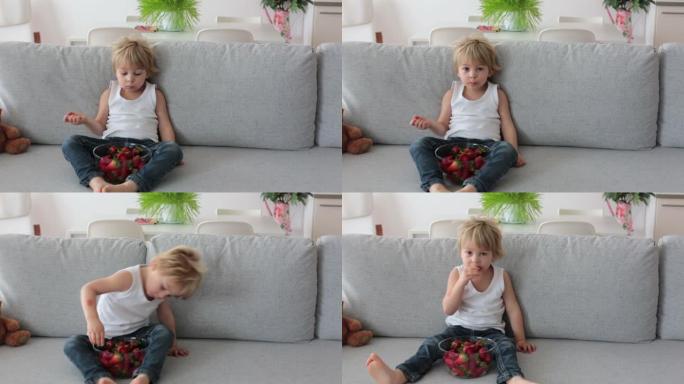 孩子，吃草莓，在家玩得开心