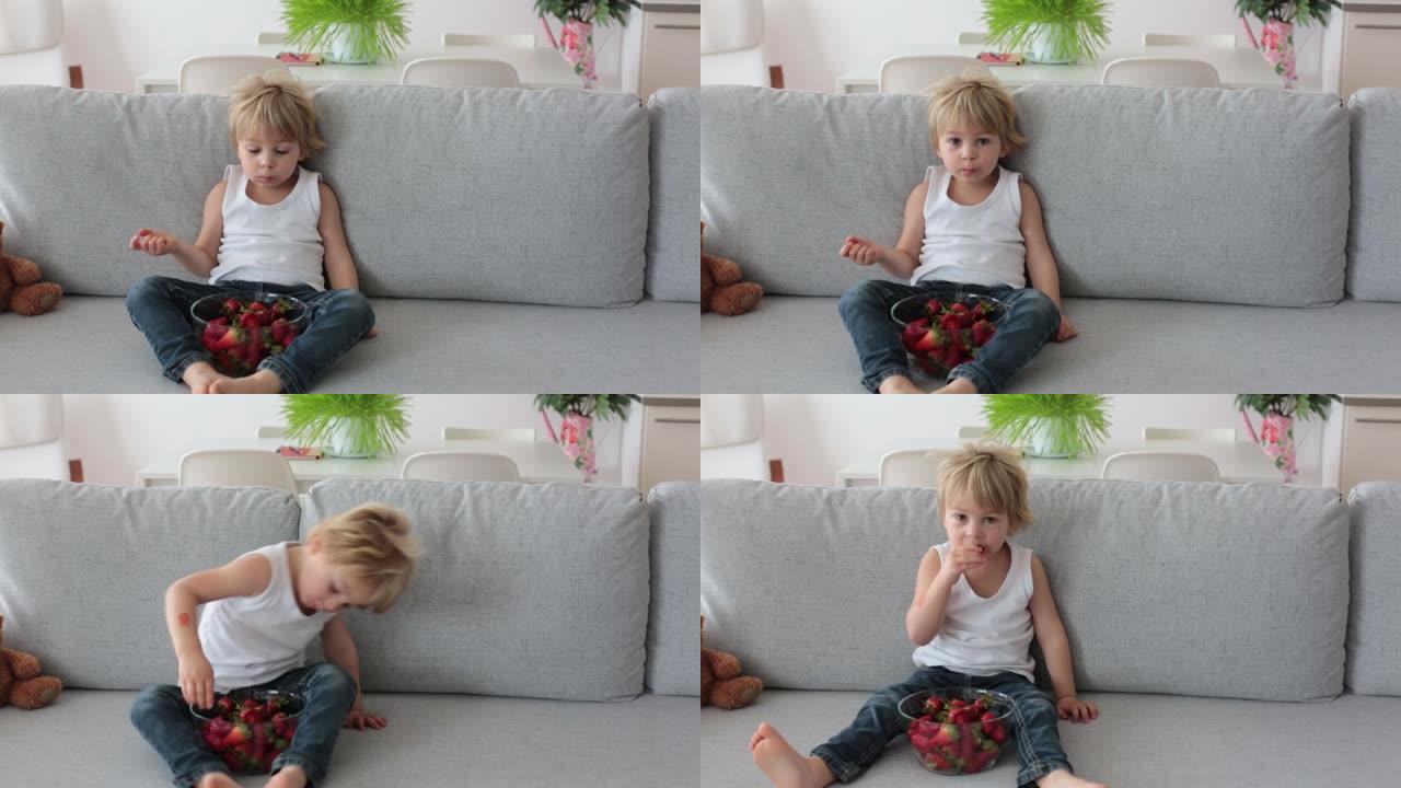 孩子，吃草莓，在家玩得开心