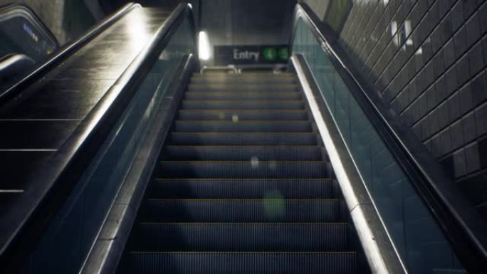 沿着自动扶梯下降到地铁。现代城市，地铁，速度，公共交通，地铁。动画是为城市，交通或现代城市背景。