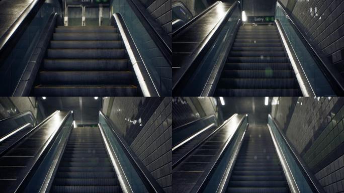沿着自动扶梯下降到地铁。现代城市，地铁，速度，公共交通，地铁。动画是为城市，交通或现代城市背景。
