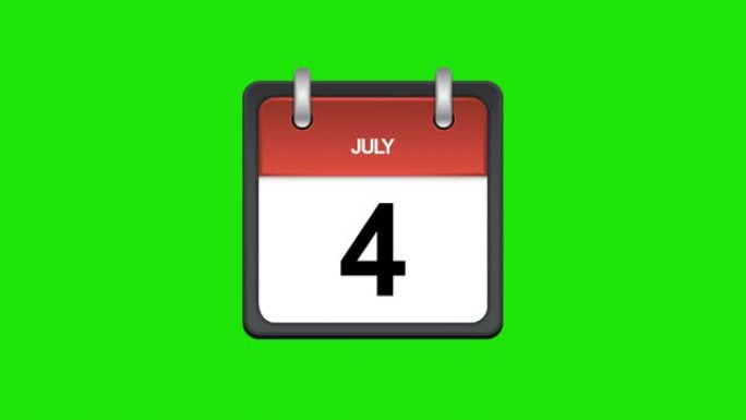 纸质日历，对7月4日来说是一个重要的事件。美国独立日。7月4日。1到4天撕掉日历页的动画。页面从右下