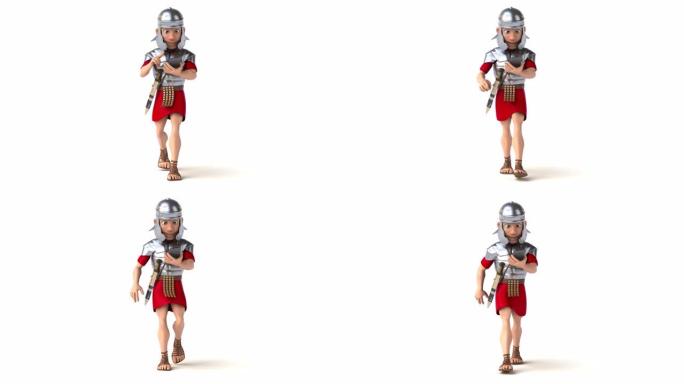 有趣的3D卡通罗马士兵用智能手机行走
