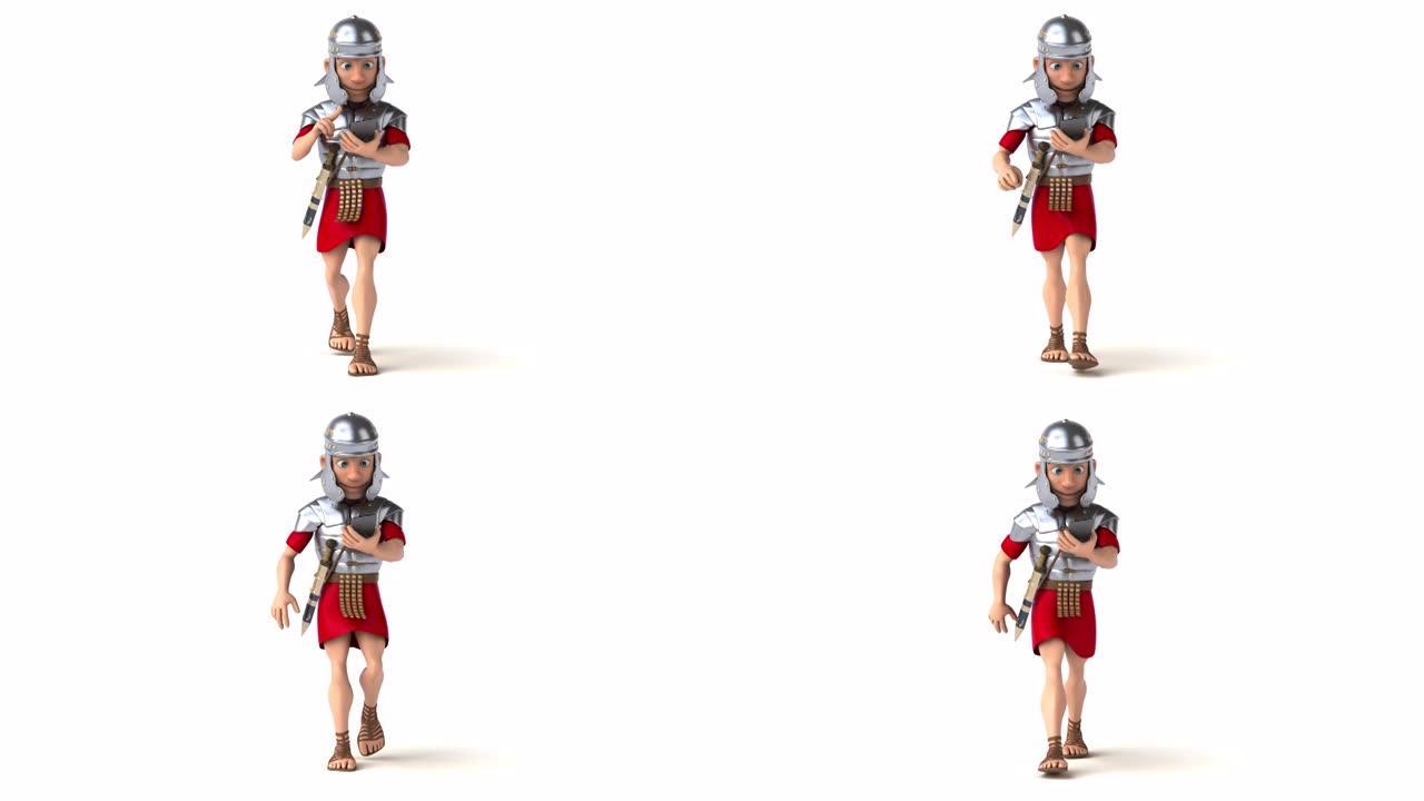 有趣的3D卡通罗马士兵用智能手机行走